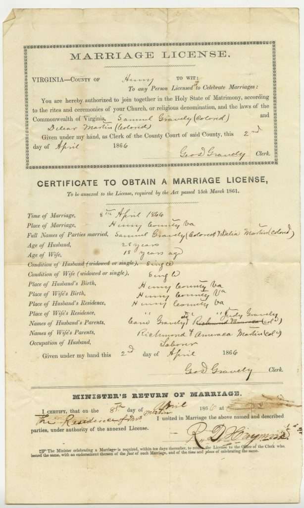 Marriage License Between Samuel Gravely and Delia Martin