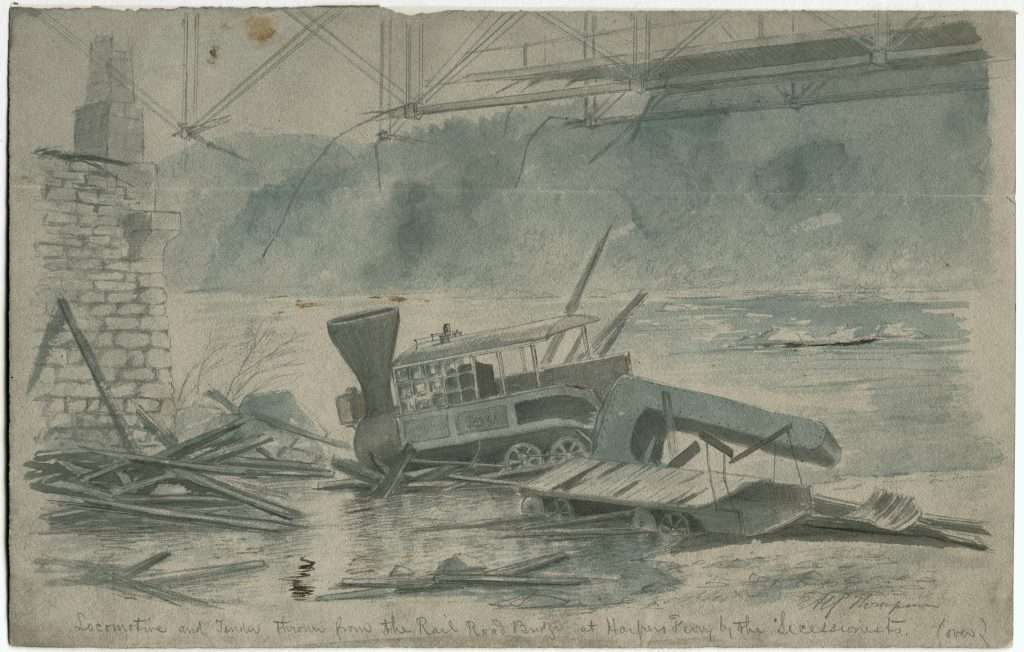 Locomotive and Tender thrown from the Rail Road Bridge at Harpers Ferry by the Secessionists.