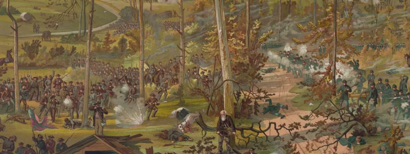 Bloody scene of the Battle of Shiloh with an undamaged McCormick machine inside a ruined shed