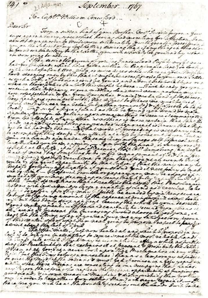 George Washington to William Crawford, September 17, 1767, Page 1