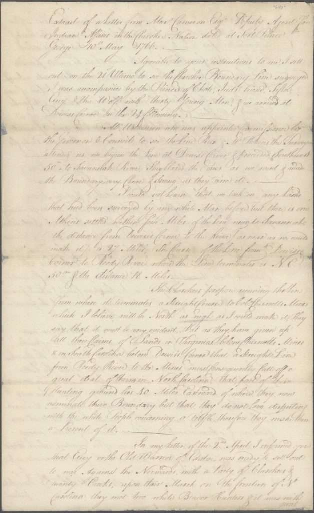 Alexander Cameron Letter Extract to John Stuart, May 10, 1766, Page 1