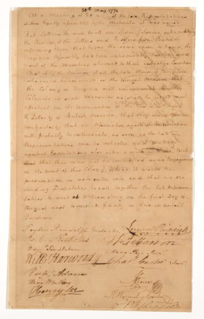 Resolution to Summon a Convention in Williamsburg, May 30, 1774, Page 1