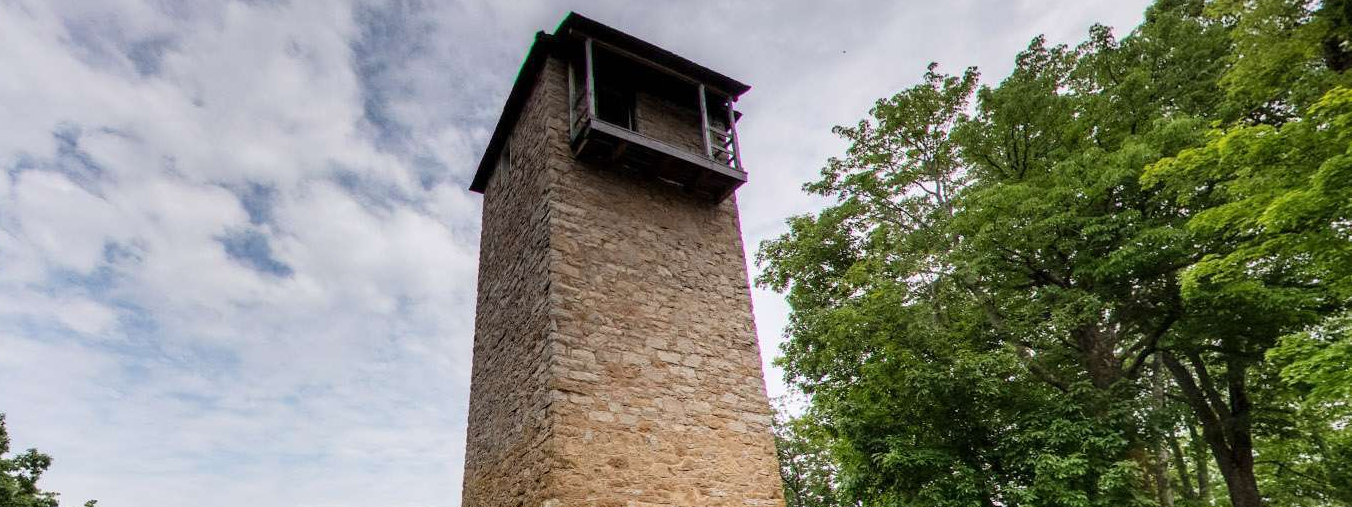 A screen shot of the eastern exterior of the Jackson Ferry Shot Tower