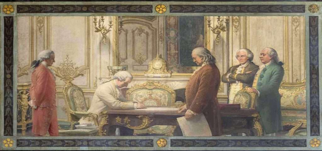 mural painting of five men dressed in eighteenth century clothes at Versailles, one man is seated signing a document, while four look on. Benjamin Franklin stands across from the signer.