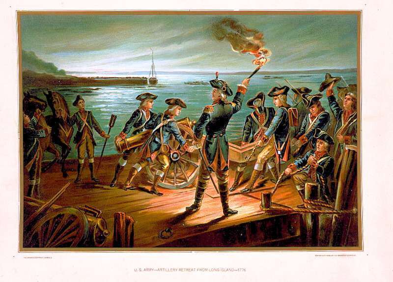 Color chromo-lithograph of George Washington leading soldiers loading artillery onto a boat at Long Island