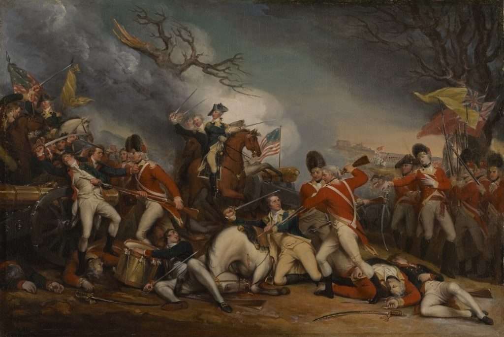 Painted depiction of the Battle of Princeton with George Washington