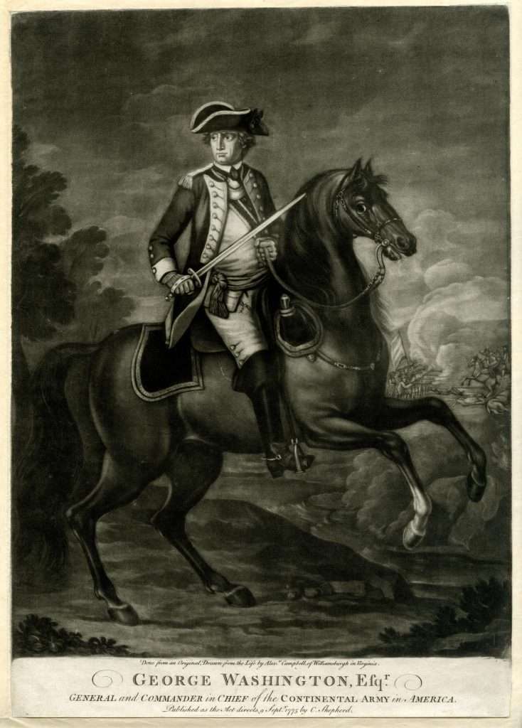 Eighteenth century print of George Washington on horseback