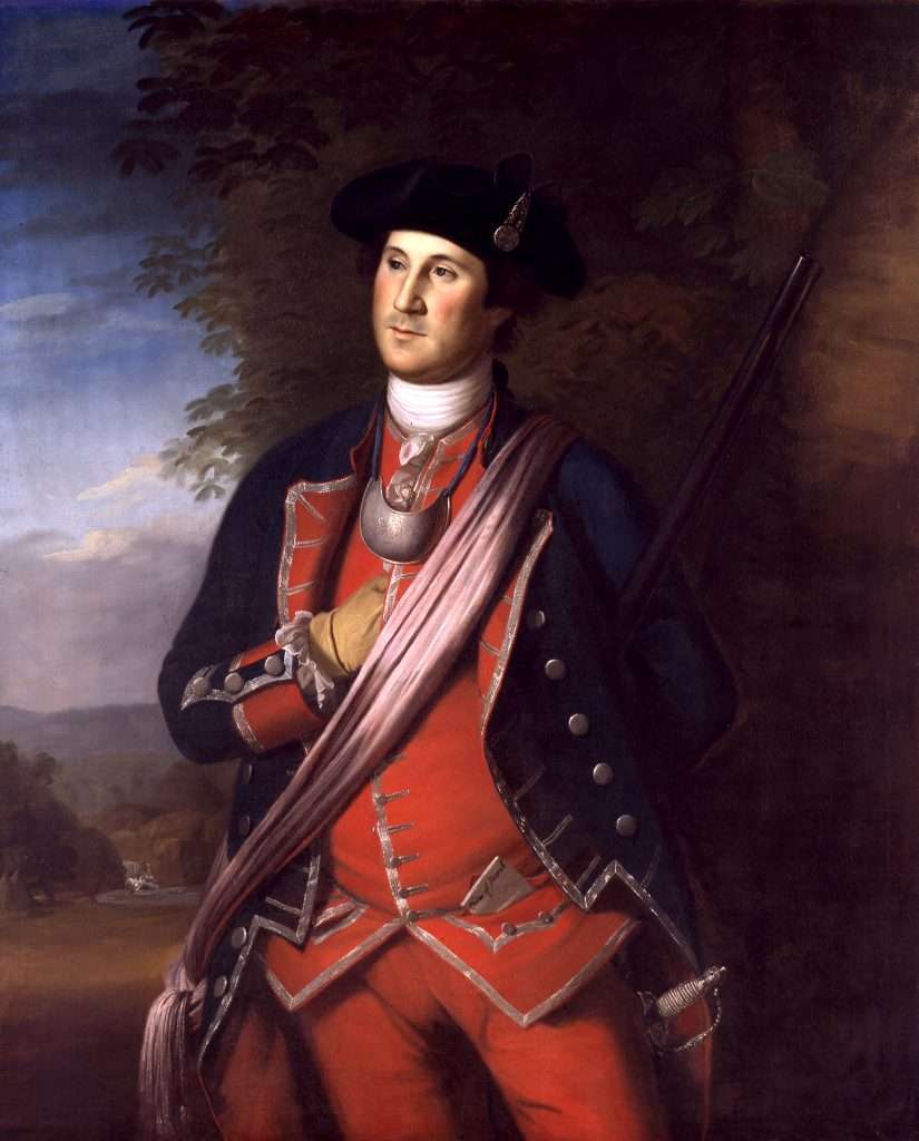 Oil portrait of George Washington in a red and blue uniform.