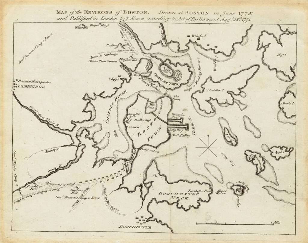Map showing location of British and Continental troops in Boston near Bunker Hill in summer of 1775.
