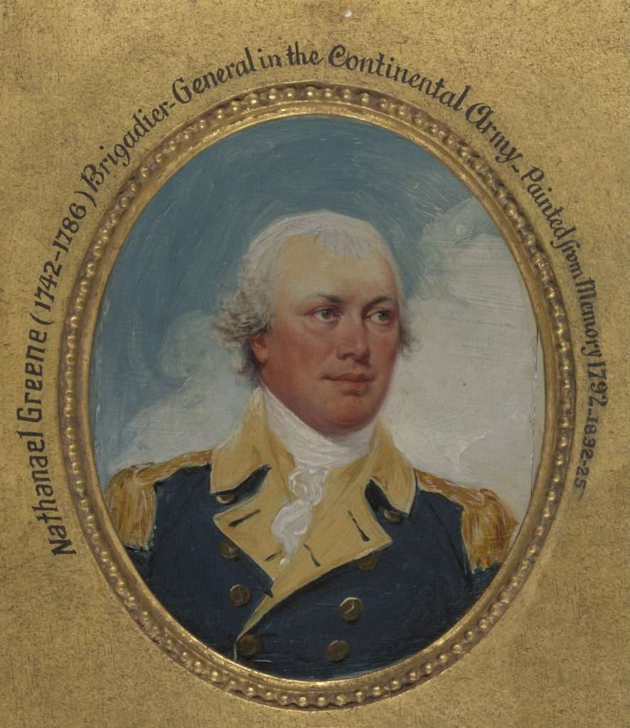 Portrait of Nathanael Greene, a white man in eighteenth century Continental military uniform