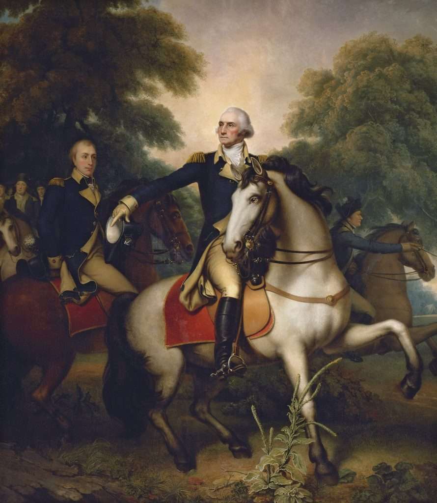 George Washington sits on a white horse, delivering orders to the Marquis de Lafayette, Henry Knox, Benjamin Lincoln, and Rochambeau. Alexander Hamilton appears on horseback on the right.
