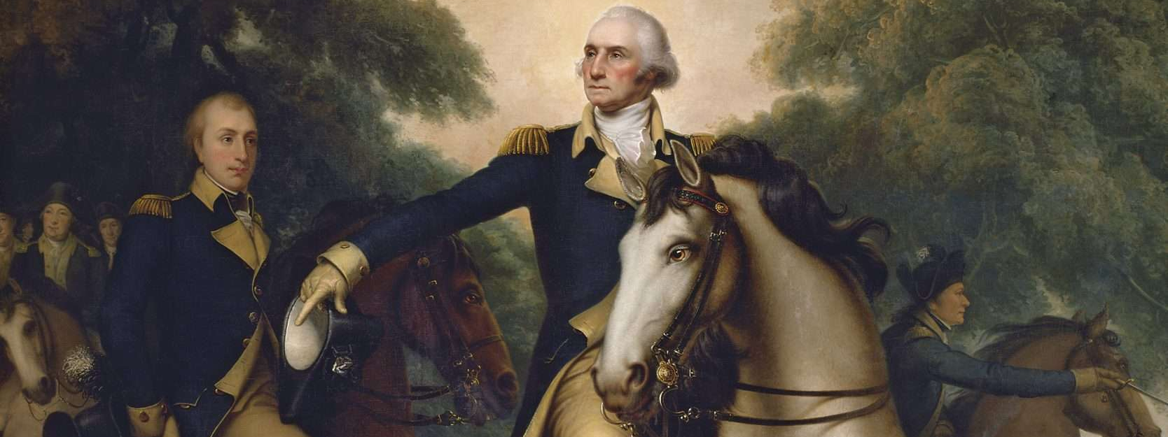 George Washington sits on a white horse, delivering orders to the Marquis de Lafayette, Henry Knox, Benjamin Lincoln, and Rochambeau. Alexander Hamilton appears on horseback on the right.
