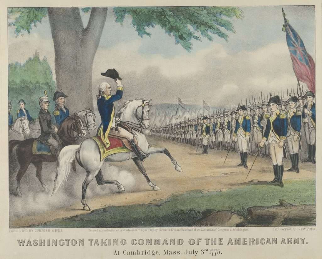 colored print of George Washington on a white horse greeting a line of blue uniformed soldiers