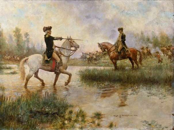 Oil painting of George Washington, on a white horse, pointing his sword at General Charles Lee, on a brown horse, in a marsh, while Continental soldiers retreat in the background.