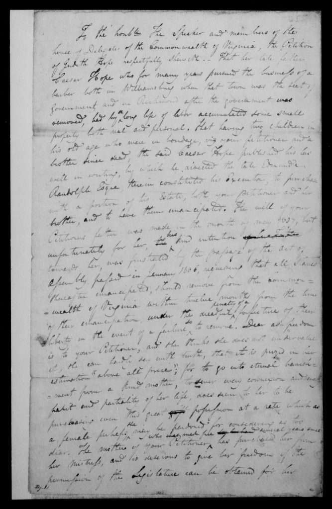 Petition of Judith Hope, December 21, 1819, Page 1