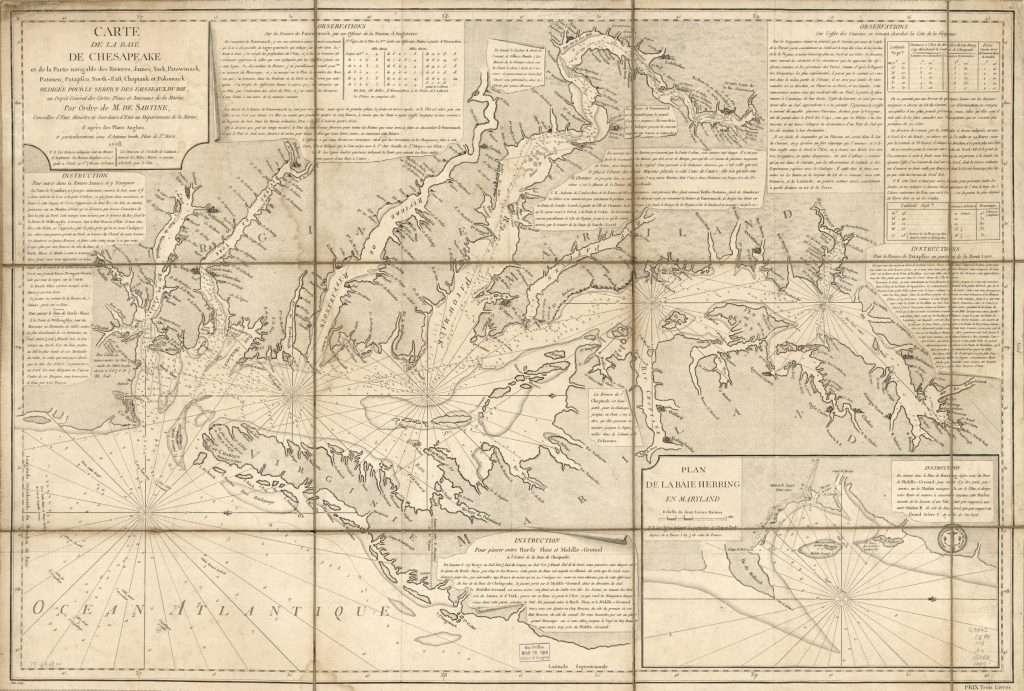 18th century map of the Chesapeake Bay with annotations printed in French