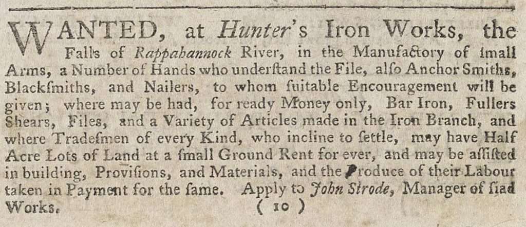 Hunter’s Iron Works Advertisement in <em>Virginia Gazette</em>
